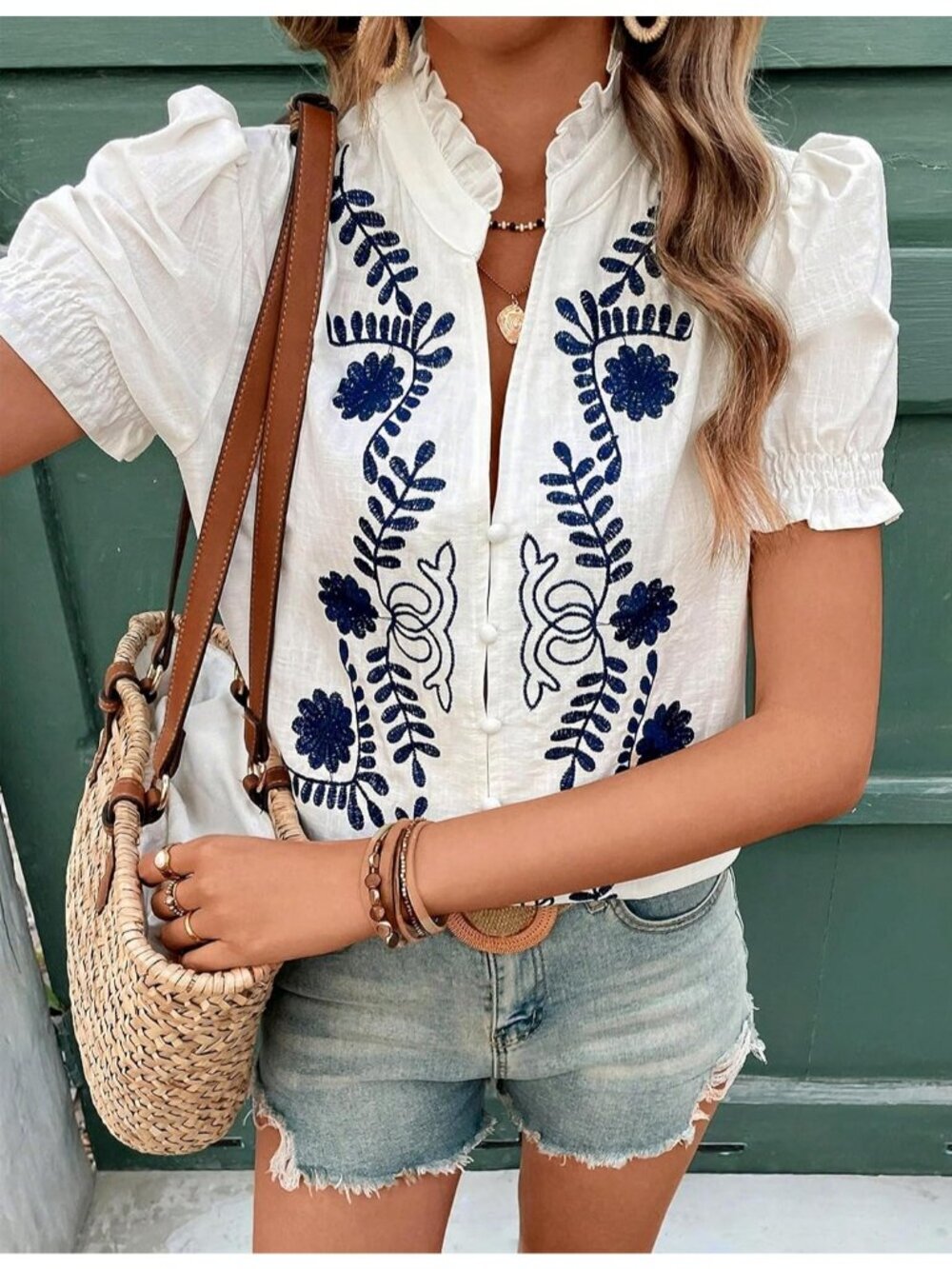 Women's Summer Top Ruffle V Neck Navy White Puff Short Sleeve Button Down Blouse - Picture 3 of 7